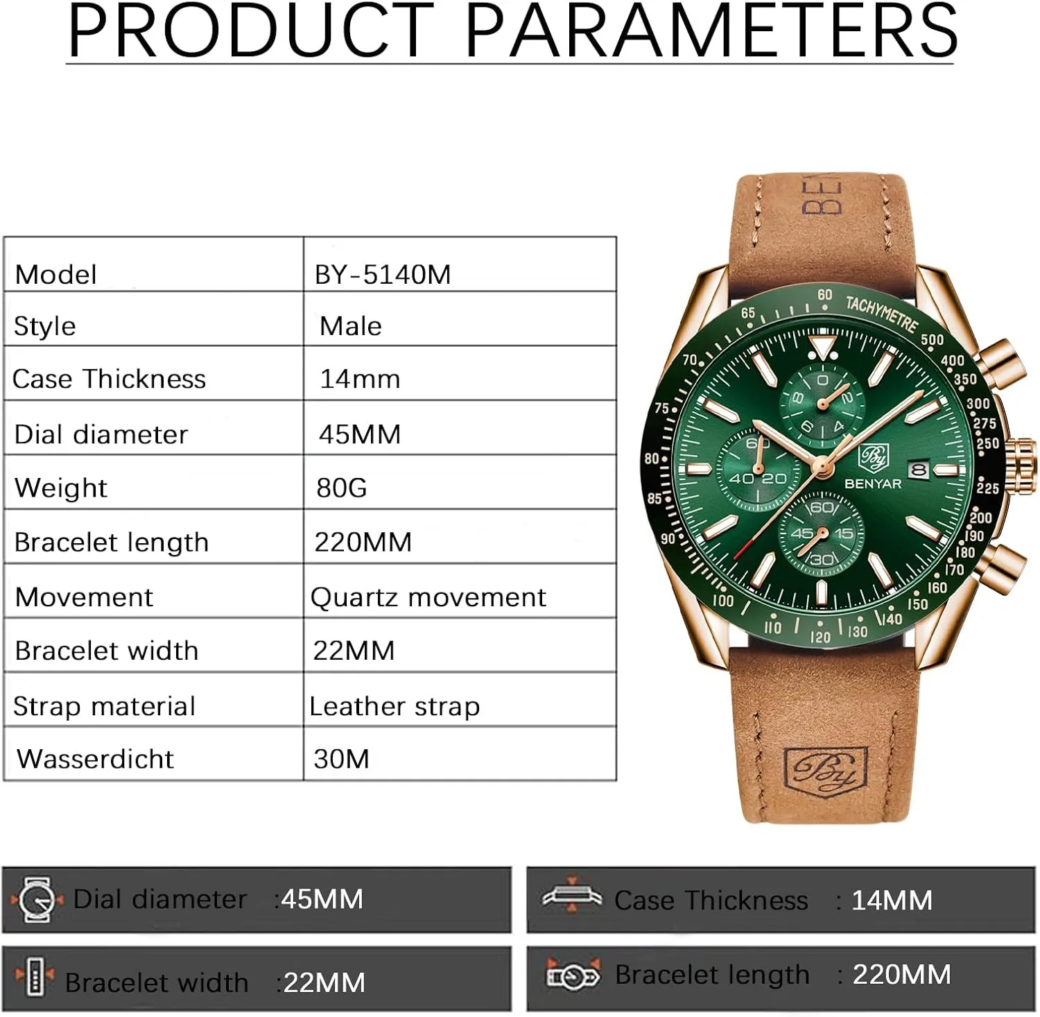 Casual Sports Business Men's Leather Watch BENYAR Men's Watch Quartz Movement Chronograph 30M Waterproof bill rare hometown glacial browse Luminous 