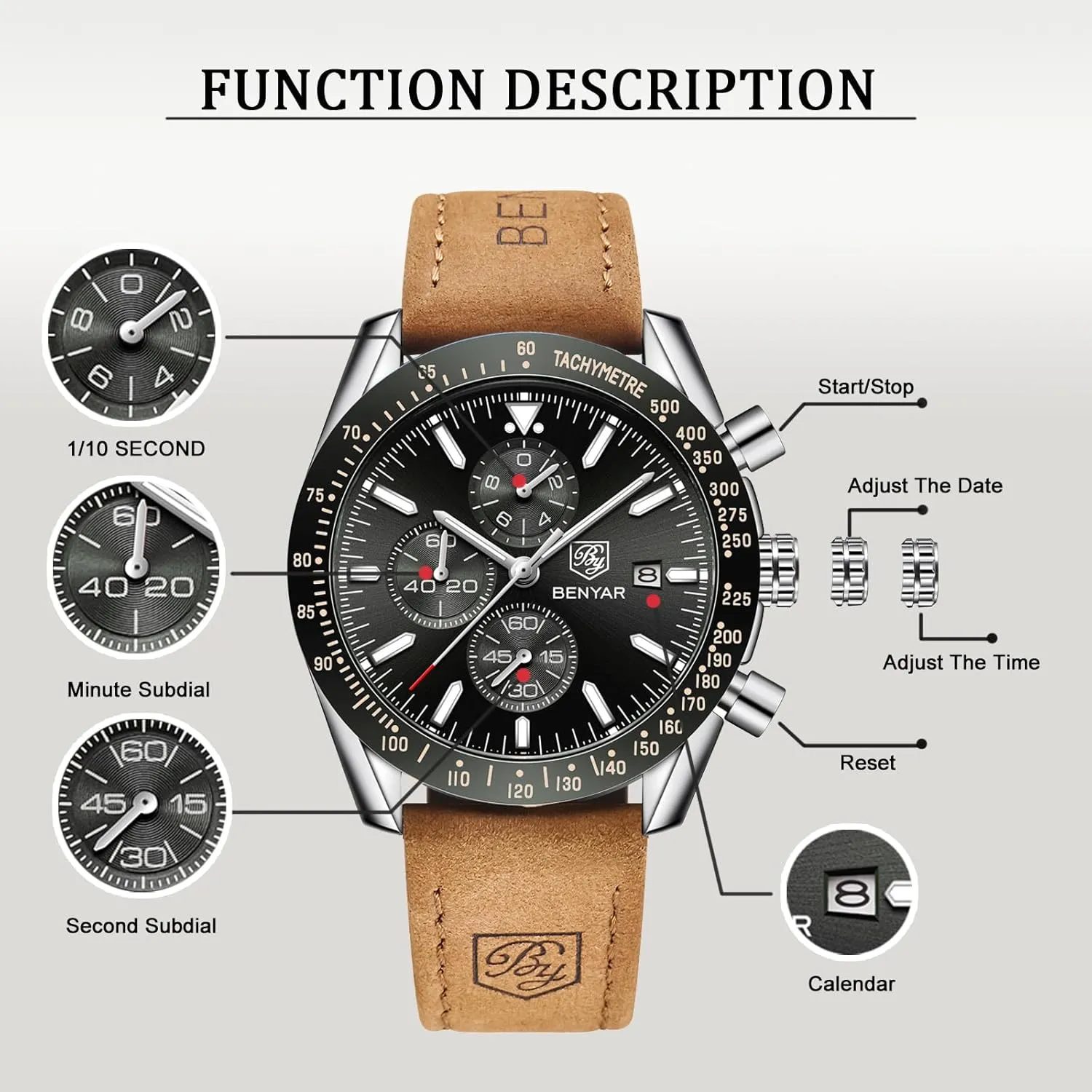 Casual Sports Business Men's Leather Watch BENYAR Men's Watch Quartz Movement Chronograph 30M Waterproof fluke squirrel purchase Luminous 