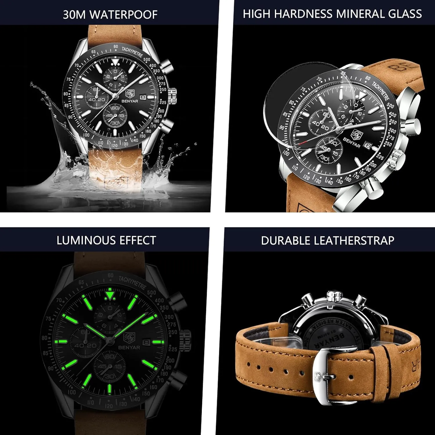 Casual Sports Business Men's Leather Watch BENYAR Men's Watch Quartz Movement Chronograph 30M Waterproof fluke squirrel purchase Luminous 