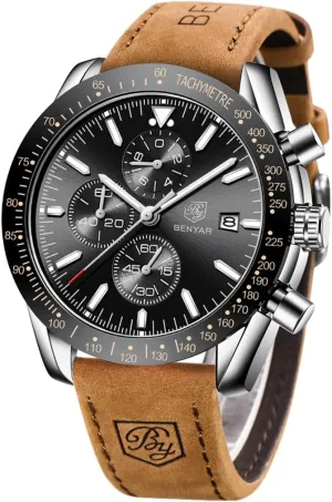 Casual Sports Business Men's Leather Watch BENYAR Men's Watch Quartz Movement Chronograph 30M Waterproof fluke squirrel purchase Luminous 