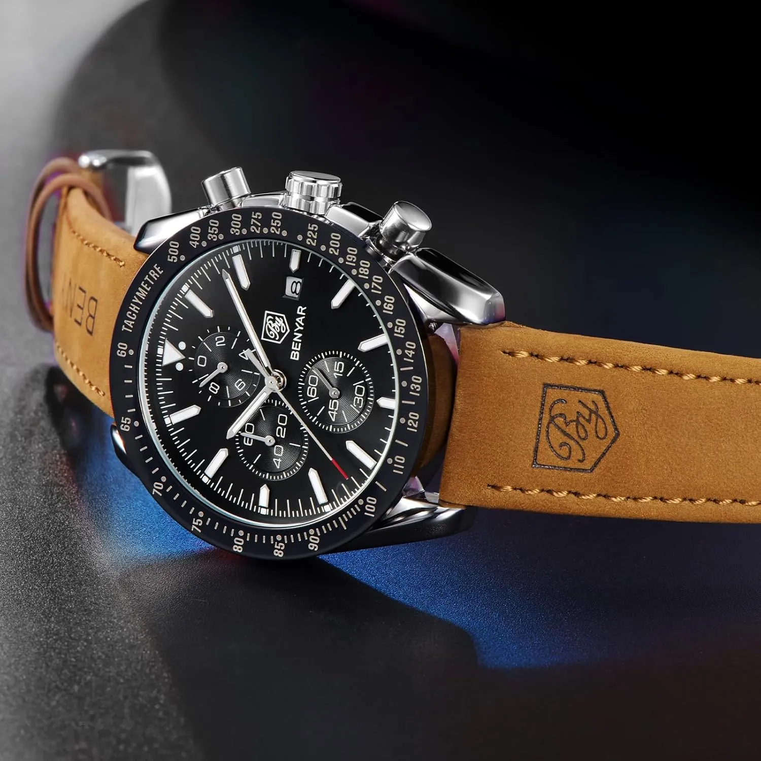 Casual Sports Business Men's Leather Watch BENYAR Men's Watch Quartz Movement Chronograph 30M Waterproof fluke squirrel purchase Luminous 