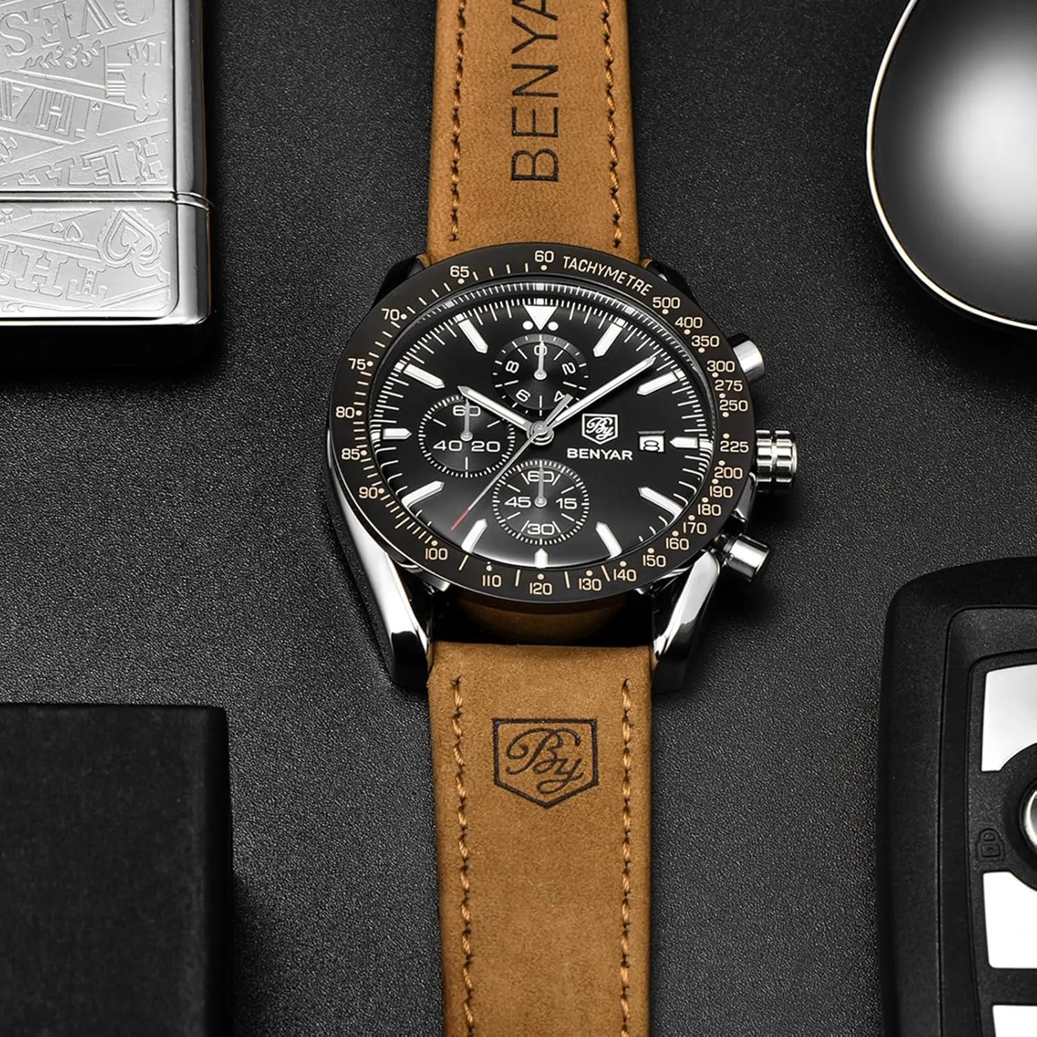 Casual Sports Business Men's Leather Watch BENYAR Men's Watch Quartz Movement Chronograph 30M Waterproof fluke squirrel purchase Luminous 