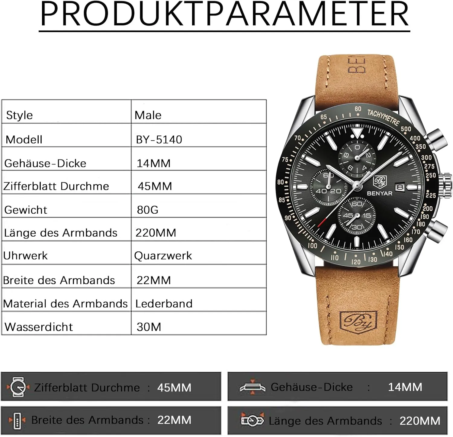 Casual Sports Business Men's Leather Watch BENYAR Men's Watch Quartz Movement Chronograph 30M Waterproof fluke squirrel purchase Luminous 