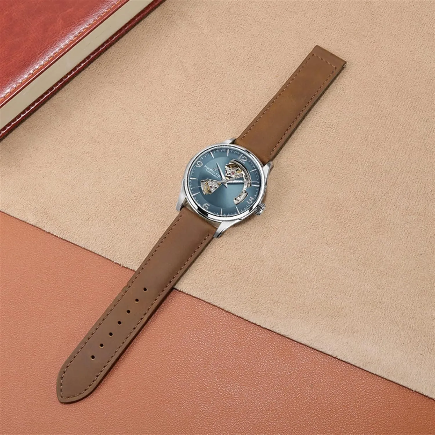 Chain 20mm 22mm Strap southeast (Color : Brown-Silver, Size : 20mm) Genuine Leather Watch Band for Hamilton Kaqi Field Aviation Frosted Folding Buckle Watch 