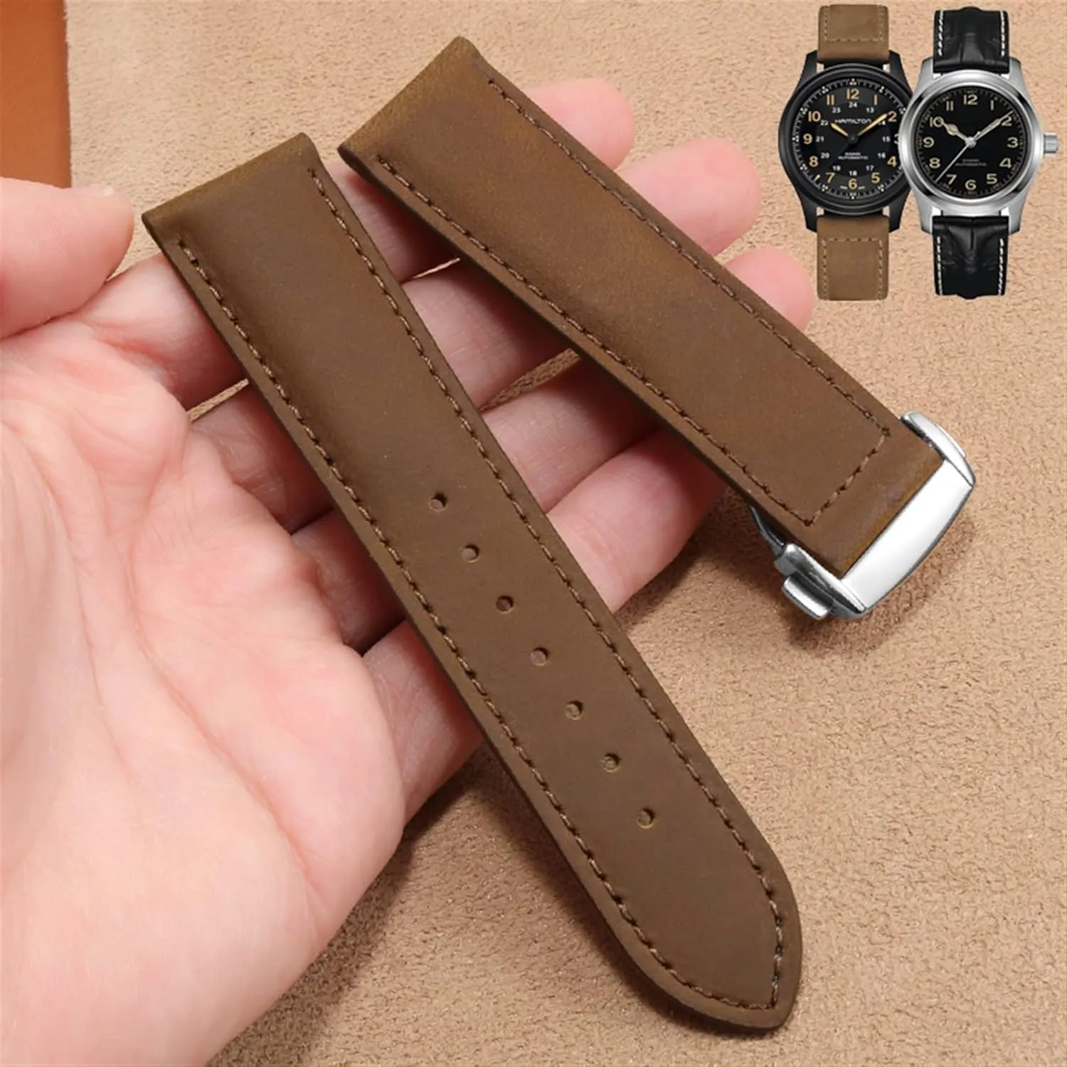 Chain 20mm 22mm Strap southeast (Color : Brown-Silver, Size : 20mm) Genuine Leather Watch Band for Hamilton Kaqi Field Aviation Frosted Folding Buckle Watch 
