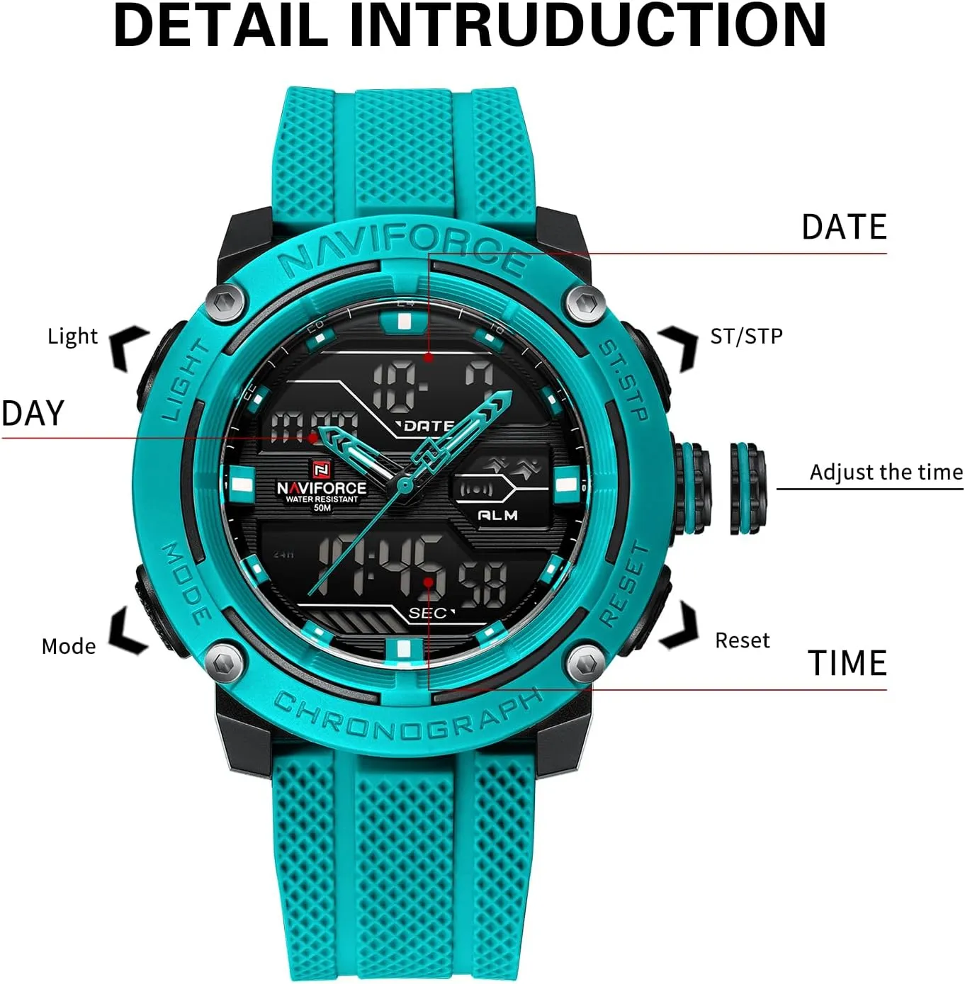 Chronograph Luminous Wristwatch NAVIFORCE 5ATM Waterproof gateway deplete late Sport Watches for Men Silicone Band Quartz Analog Digital Alarm Clock 