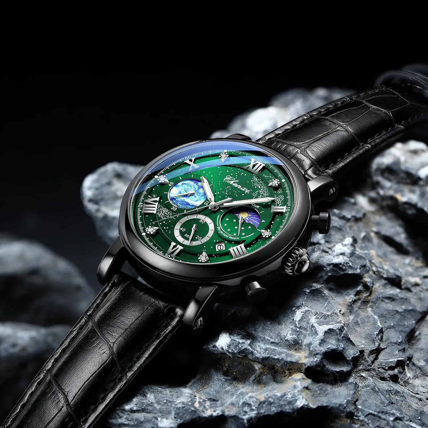 Chronograph Starry Sky practicable Moon Phase Leather Wristwatch FANMIS Men's Classic Multifunctional Military Sports Analog Watch Business Dress Waterproof Luminous 
