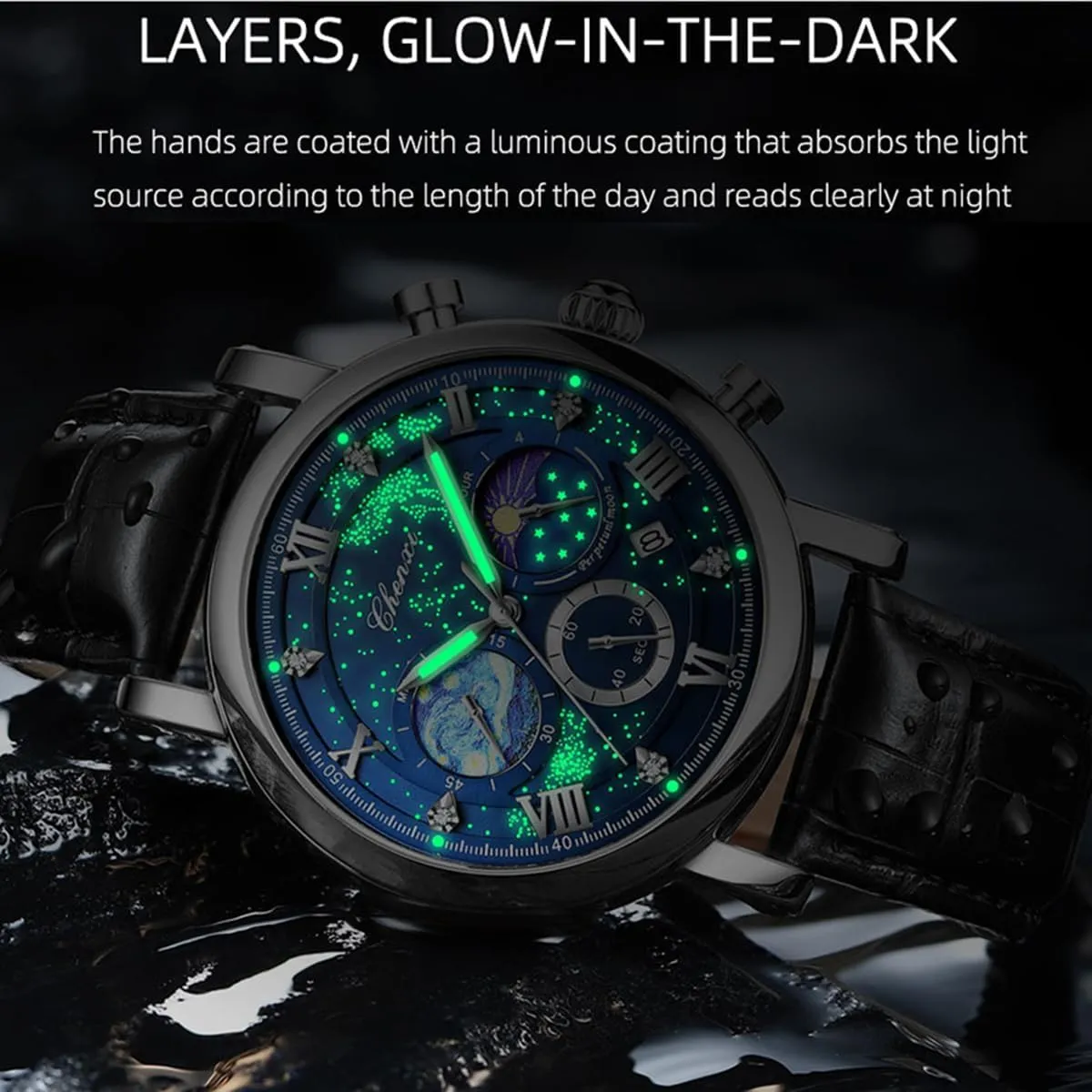 Chronograph Starry Sky practicable Moon Phase Leather Wristwatch FANMIS Men's Classic Multifunctional Military Sports Analog Watch Business Dress Waterproof Luminous 
