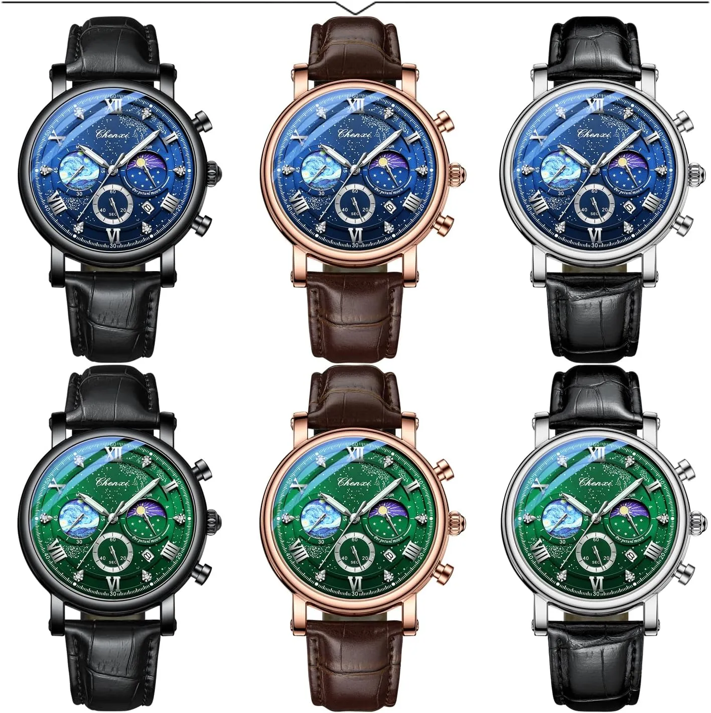 Chronograph Starry Sky practicable Moon Phase Leather Wristwatch FANMIS Men's Classic Multifunctional Military Sports Analog Watch Business Dress Waterproof Luminous 