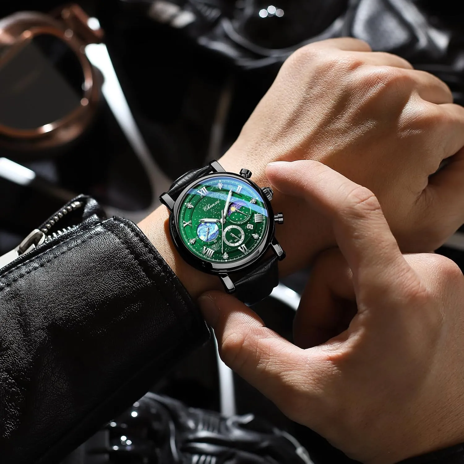 Chronograph Starry Sky practicable Moon Phase Leather Wristwatch FANMIS Men's Classic Multifunctional Military Sports Analog Watch Business Dress Waterproof Luminous 