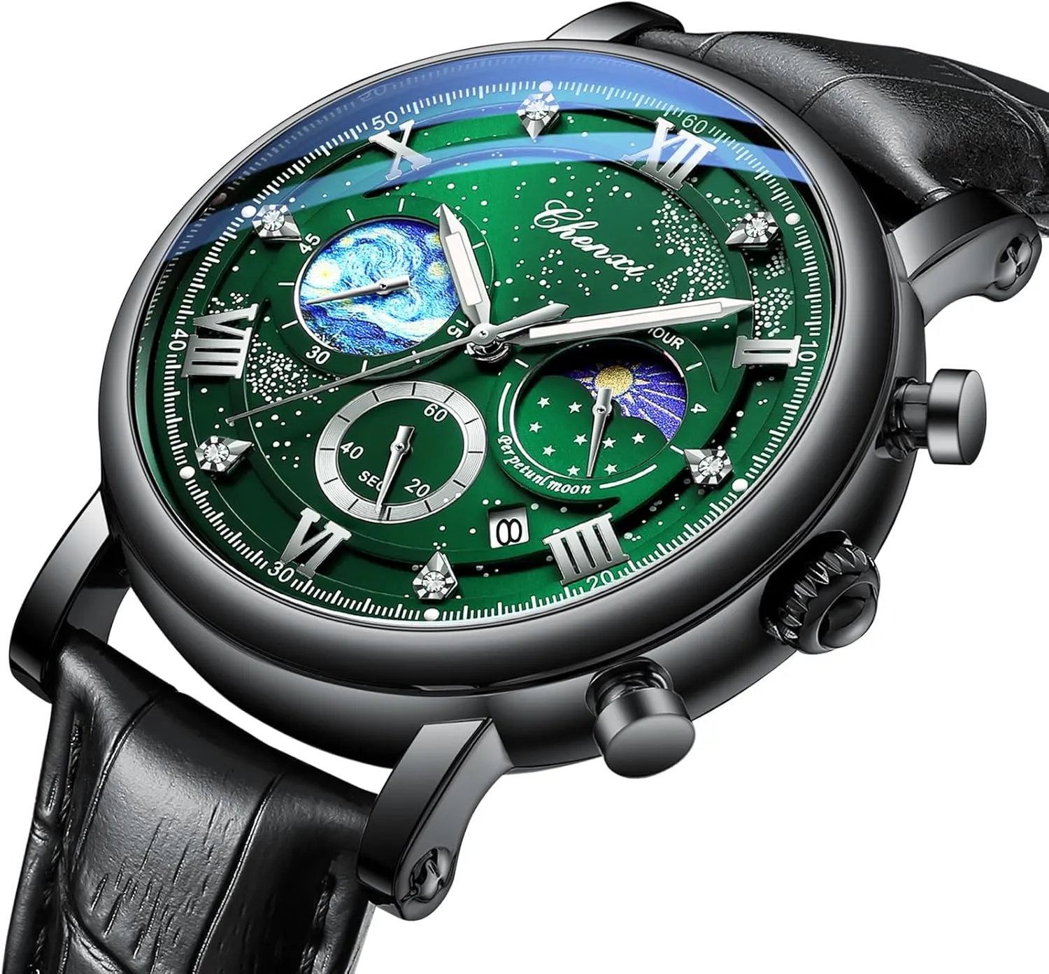 Chronograph Starry Sky practicable Moon Phase Leather Wristwatch FANMIS Men's Classic Multifunctional Military Sports Analog Watch Business Dress Waterproof Luminous 