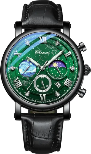 Chronograph Starry Sky practicable Moon Phase Leather Wristwatch FANMIS Men's Classic Multifunctional Military Sports Analog Watch Business Dress Waterproof Luminous 