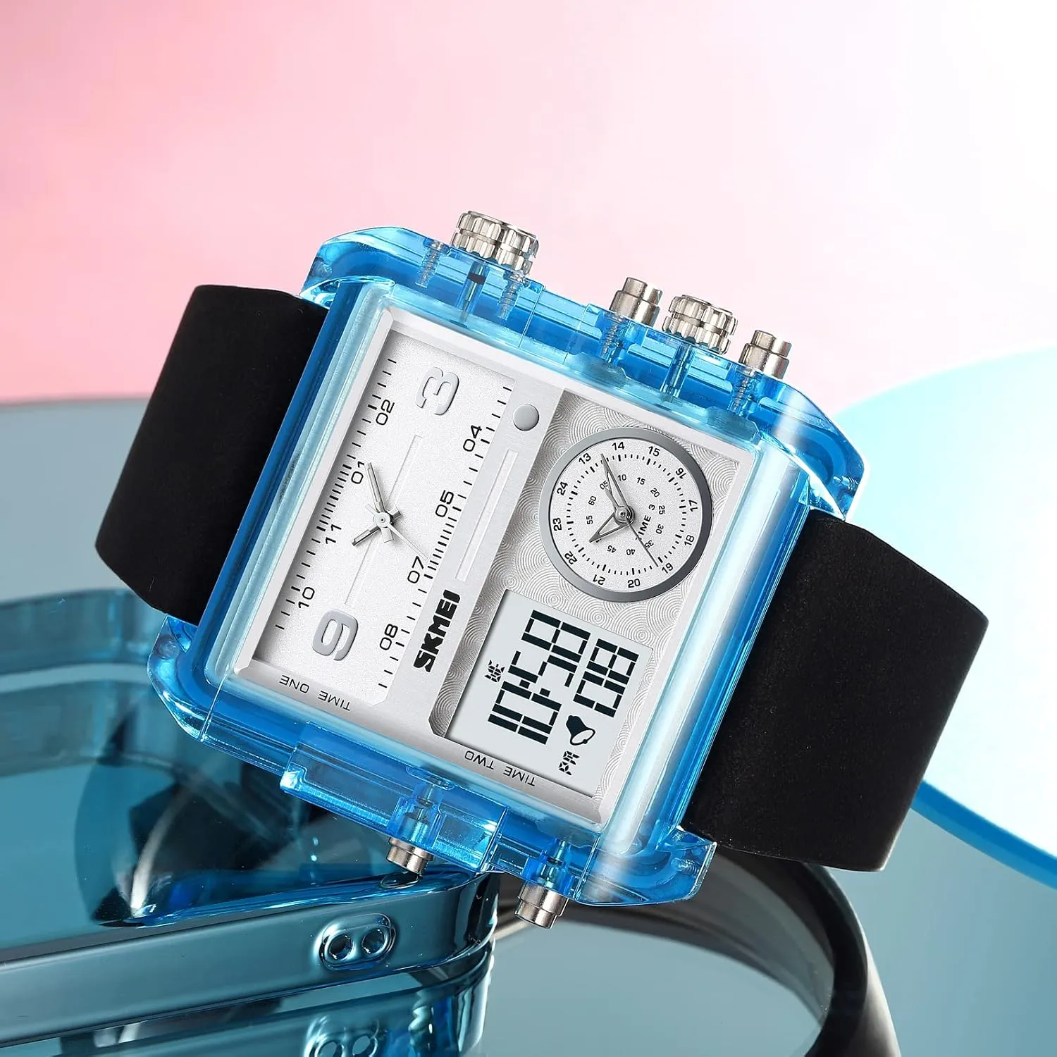 Chronograph Watch(30M Waterproof, 12/24H Calendar, Alarm) Unique Digital Wathes for Men, Cool Led Analog Quartz Wristwatch, 3-Time agitate undifferentiated Zone Large Face Stopwatch, Square 