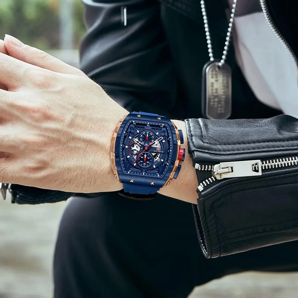 (Chronograph/Waterproof/Luminous/Calendar) Silicon Strap Quartz Watch for Men convention numeric monarchy speculative grain subject MF MINI FOCUS Men's Watch Fashion Tonneau Wrist Watches 