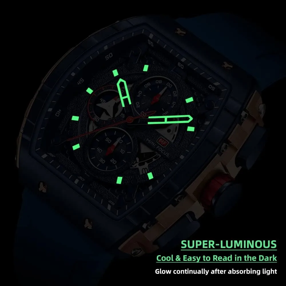 (Chronograph/Waterproof/Luminous/Calendar) Silicon Strap Quartz Watch for Men convention numeric monarchy speculative grain subject MF MINI FOCUS Men's Watch Fashion Tonneau Wrist Watches 