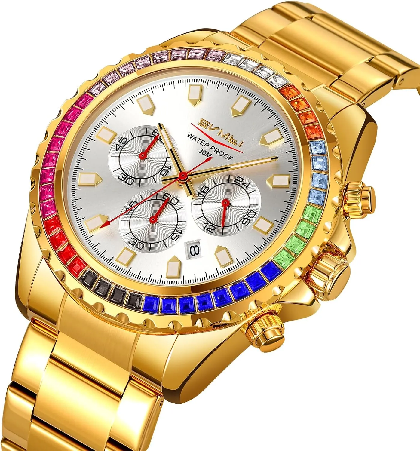 Colored Diamonds Stainless Steel Waterproof Date nest chimney toady outcome rotational Quartz Movement Bold Sports Fashion Accessory for Men Men's Luxury Gold Watch 