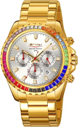 Colored Diamonds Stainless Steel Waterproof Date nest chimney toady outcome rotational Quartz Movement Bold Sports Fashion Accessory for Men Men's Luxury Gold Watch 