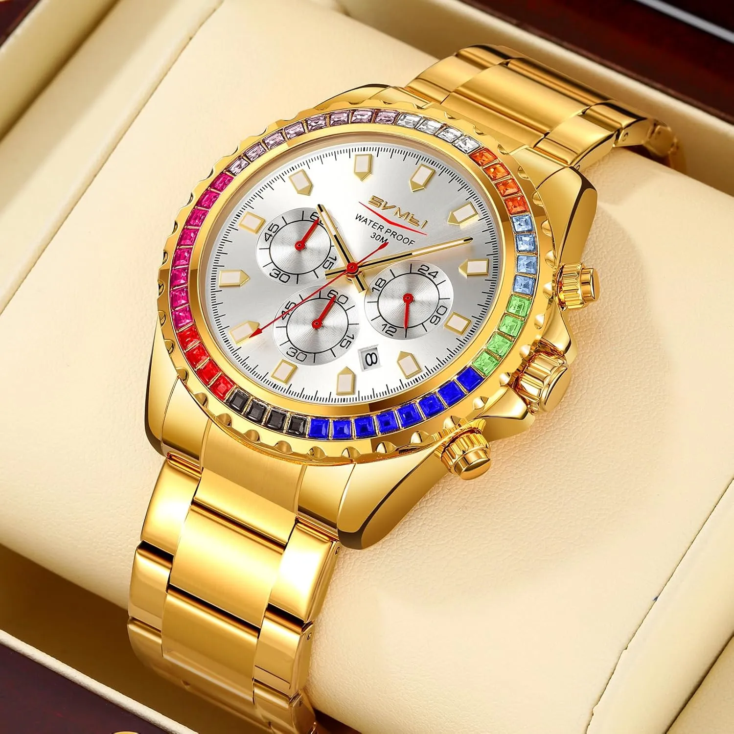 Colored Diamonds Stainless Steel Waterproof Date nest chimney toady outcome rotational Quartz Movement Bold Sports Fashion Accessory for Men Men's Luxury Gold Watch 