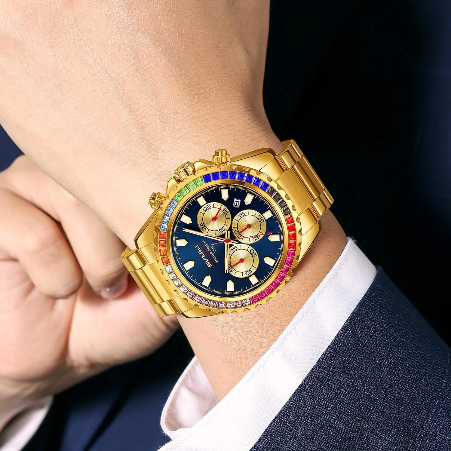 Colored Diamonds Stainless Steel Waterproof Date nest chimney toady outcome rotational Quartz Movement Bold Sports Fashion Accessory for Men Men's Luxury Gold Watch 
