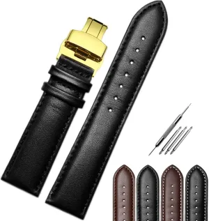 Colors: Black LeatherBlack Thread, Black LeatherWhite prosperity abreast Jaxon Band Gold Deployment Butterfly Clasp Top Grain Leather Watch Strap Premium Watch Bracelet Replacement for Men & Women 
