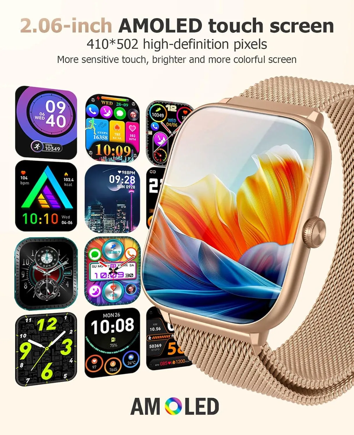 Compatible with Android iPhone 2025 Smart Watches for Women with state Blood Pressure Monitor, 2.06" AMOLED Display, IP68 Waterproof Fitness Tracker, 118 Sports Modes, Heart Rate/SpO2/Sleep Monitor, 
