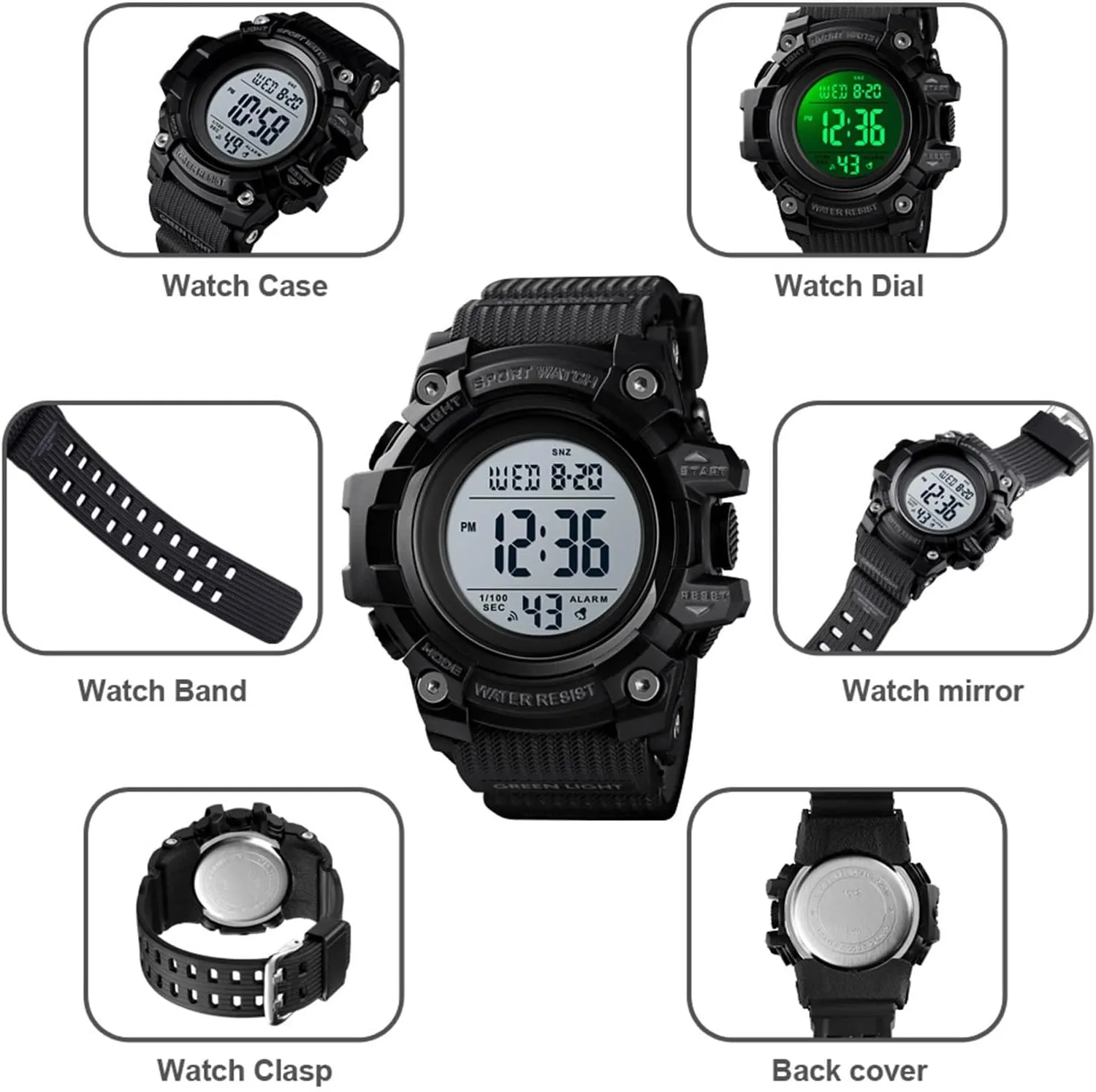 Countdown, 12 and 24 Hour Format Men's Tactical riddle Digital Sports Watch, 50M Waterproof Military Wristwatch with Backlight, Alarm, Stopwatch, Dual Time, 