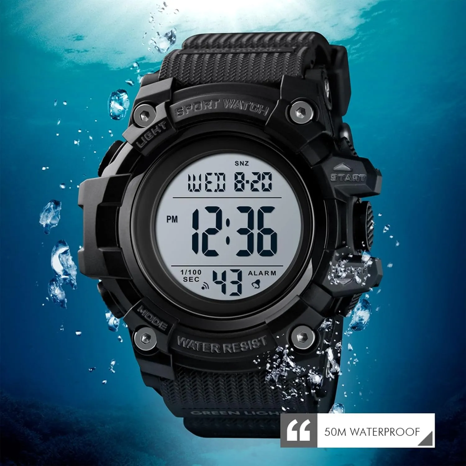 Countdown, 12 and 24 Hour Format Men's Tactical riddle Digital Sports Watch, 50M Waterproof Military Wristwatch with Backlight, Alarm, Stopwatch, Dual Time, 