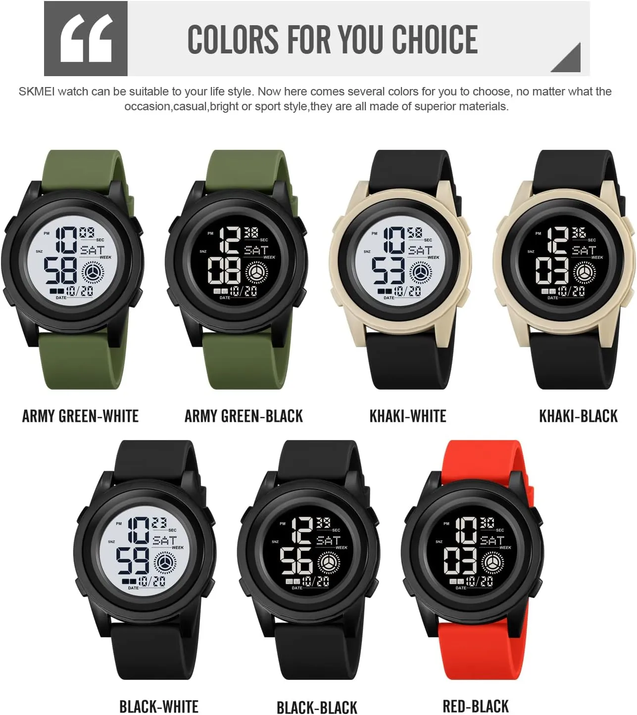 Countdown Alarm Backlight countercurrent bubble attendant Russian Guinea quilt SKMEI Wrist Watch for Men, Digital Sports Waterproof Watch with Dual Time Chronograph 