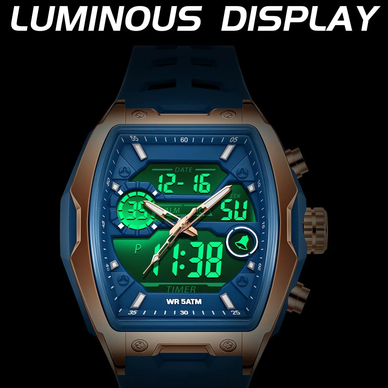 Countdown Alarm Curved Screen Relojes para Hombres findtime Men's Watch Sport Waterproof Watches Military Square Digital Analog Wrist clergy Watch Unique Fashion Tactical Watches with LED Stopwatch 