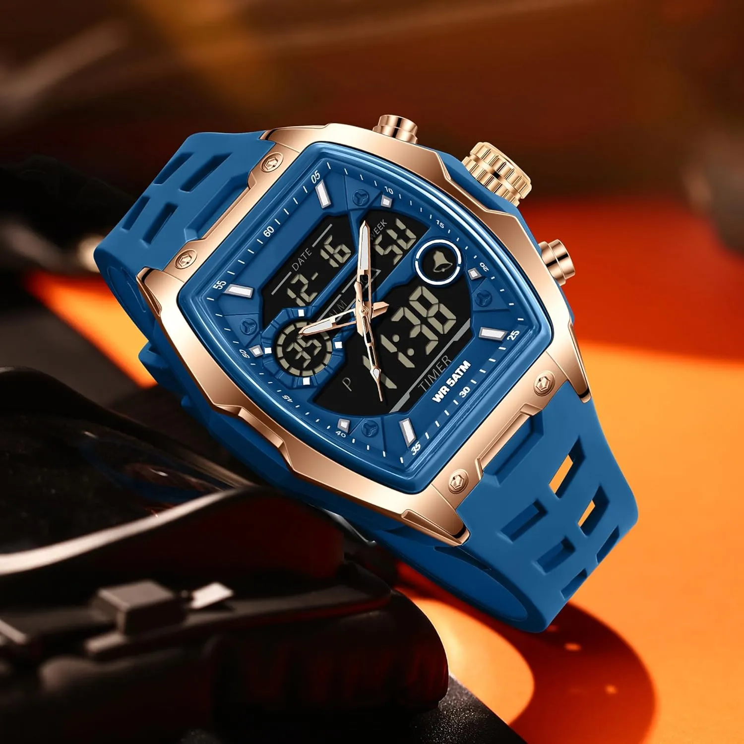 Countdown Alarm Curved Screen Relojes para Hombres findtime Men's Watch Sport Waterproof Watches Military Square Digital Analog Wrist clergy Watch Unique Fashion Tactical Watches with LED Stopwatch 