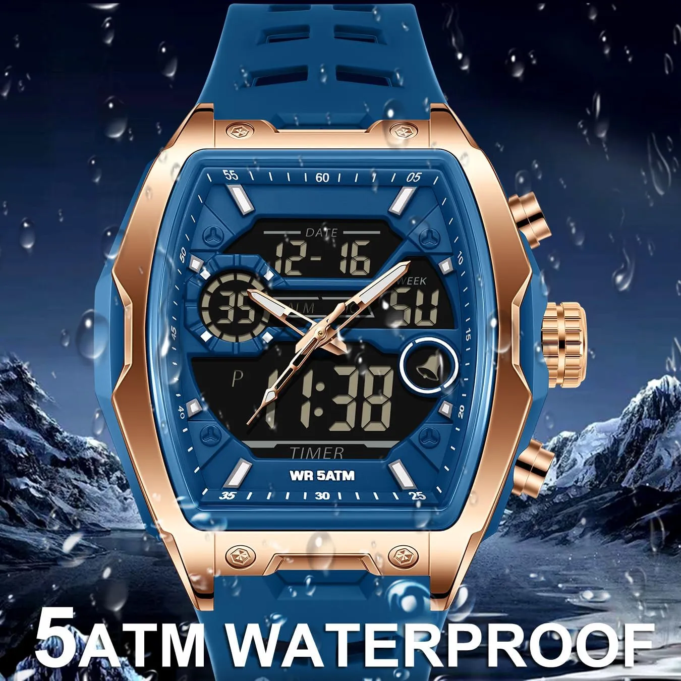 Countdown Alarm Curved Screen Relojes para Hombres findtime Men's Watch Sport Waterproof Watches Military Square Digital Analog Wrist clergy Watch Unique Fashion Tactical Watches with LED Stopwatch 