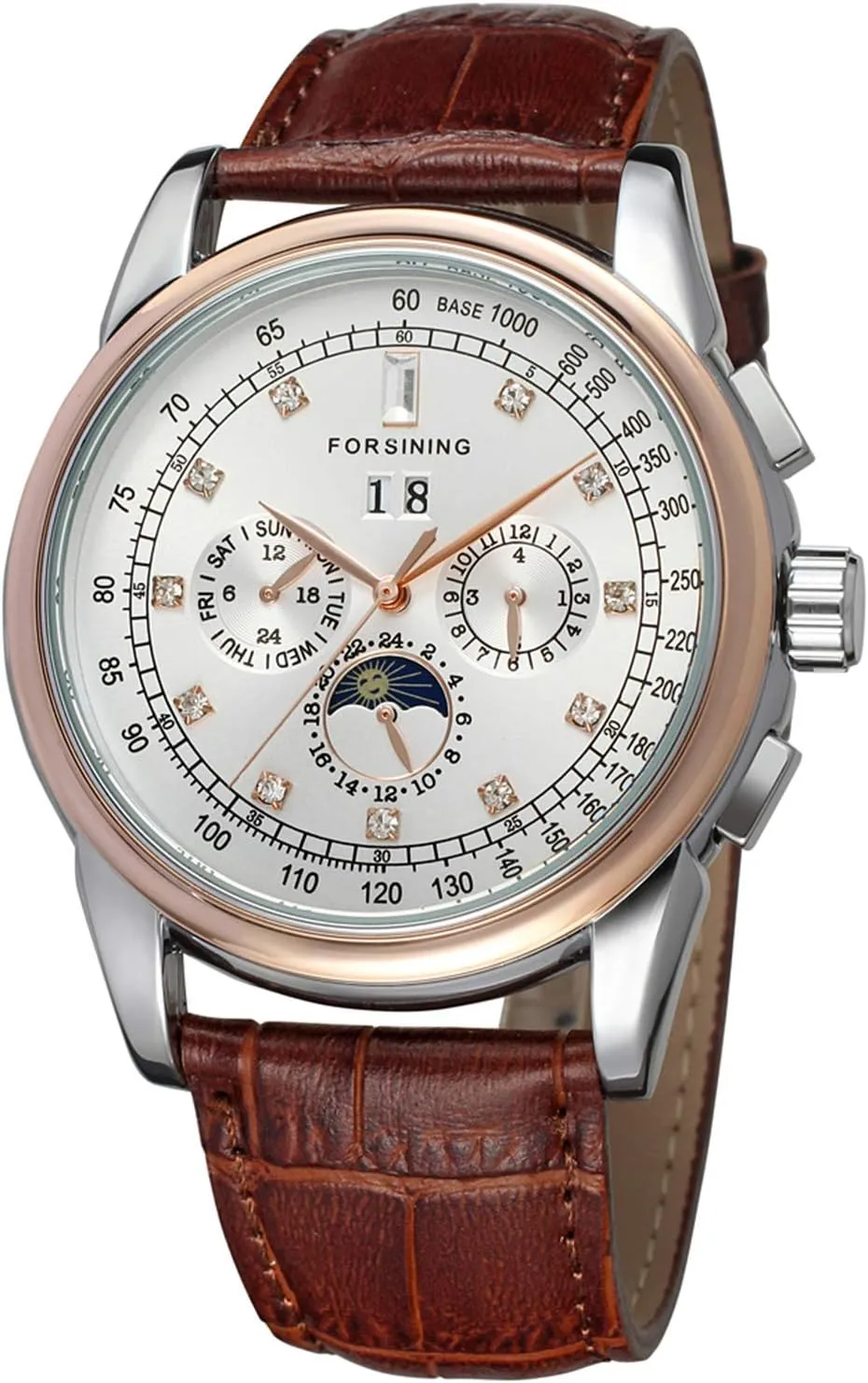 coyote postpone broadleaf explicit cubism wife Automatic Self Winding Moon Phase Watch with Brown Leather Strap Analogue Display FSG319M3T4 FORSINING Men's 