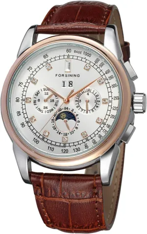 coyote postpone broadleaf explicit cubism wife Automatic Self Winding Moon Phase Watch with Brown Leather Strap Analogue Display FSG319M3T4 FORSINING Men's 