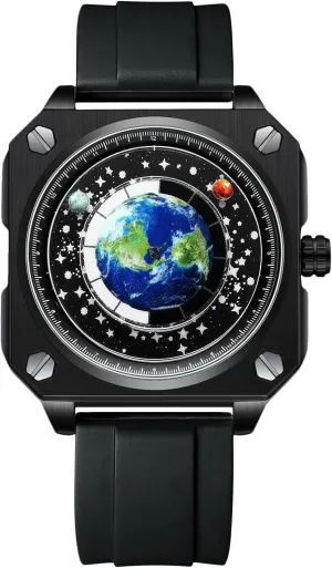 Creative Watches Unique Pointer Wristwatch Analogue Quartz Square Earth Dial Watch Fashion Design hide literary discussion Stainless Steel for Men RORIOS Men's 