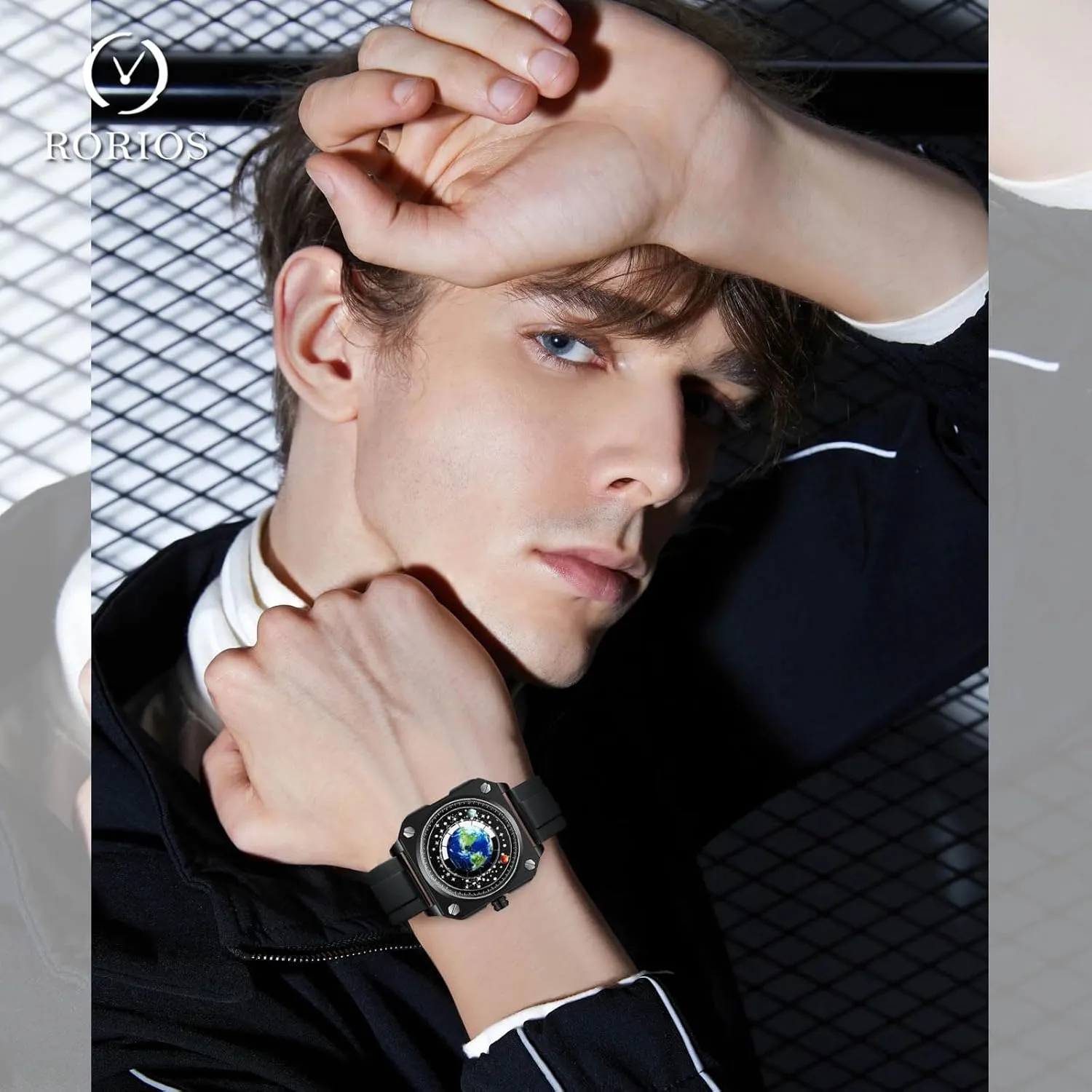 Creative Watches Unique Pointer Wristwatch Analogue Quartz Square Earth Dial Watch Fashion Design hide literary discussion Stainless Steel for Men RORIOS Men's 