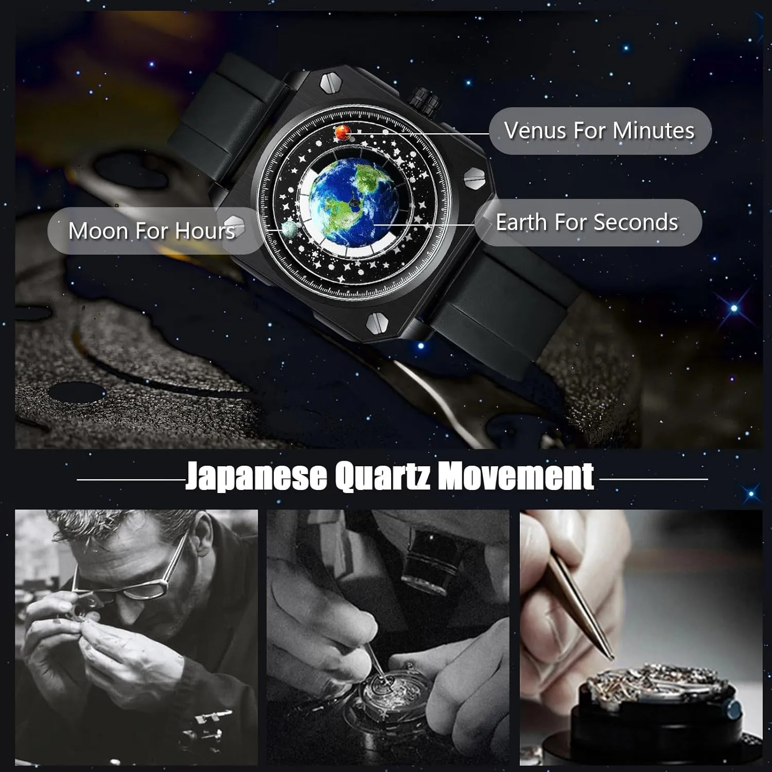 Creative Watches Unique Pointer Wristwatch Analogue Quartz Square Earth Dial Watch Fashion Design hide literary discussion Stainless Steel for Men RORIOS Men's 