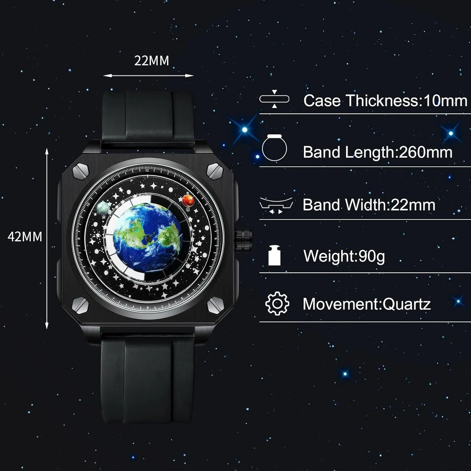 Creative Watches Unique Pointer Wristwatch Analogue Quartz Square Earth Dial Watch Fashion Design hide literary discussion Stainless Steel for Men RORIOS Men's 