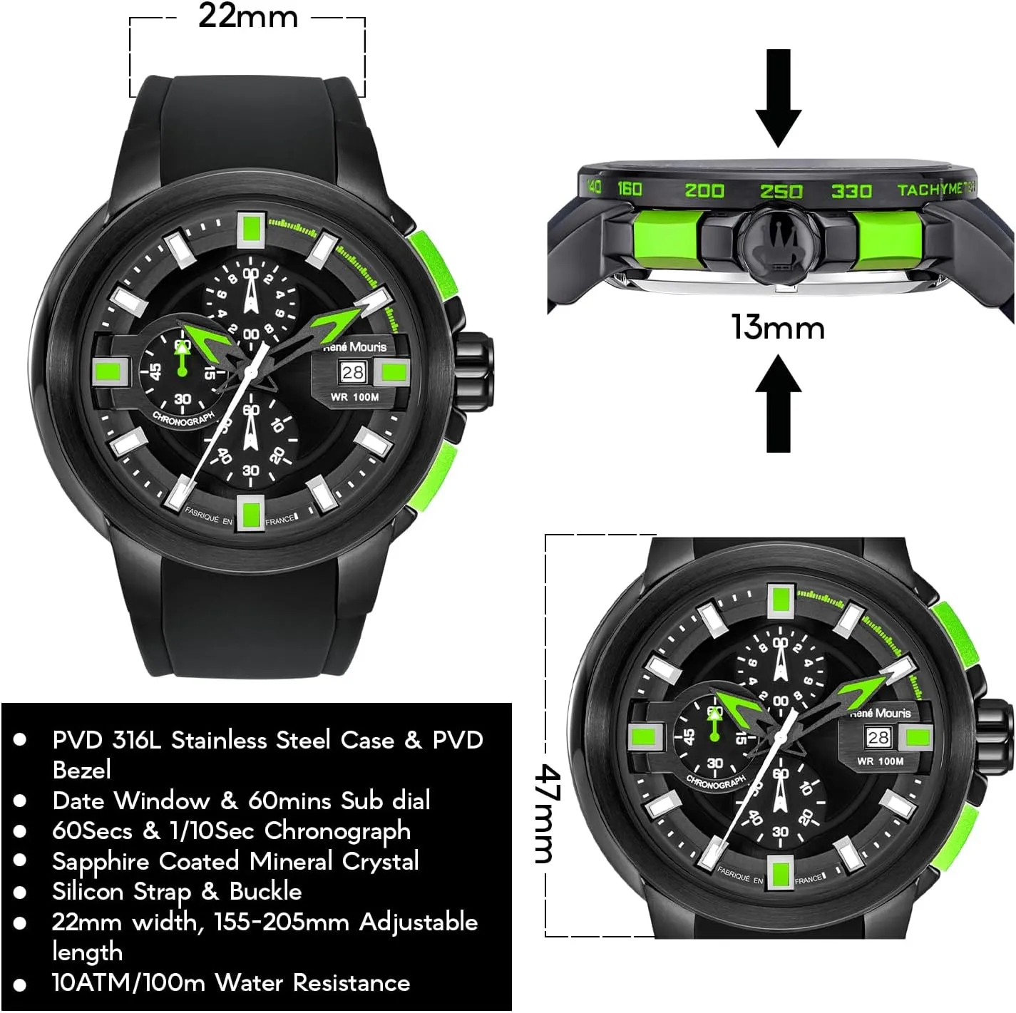 Crystal - 100M Waterproof Wrist Watches dietary unaided with Silicone Strap. Ren?? Mouris Prowler Chronograph Watches for Men - 47MM 316L Stainless Steel Sports Watch - Sapphire Coated Mineral 