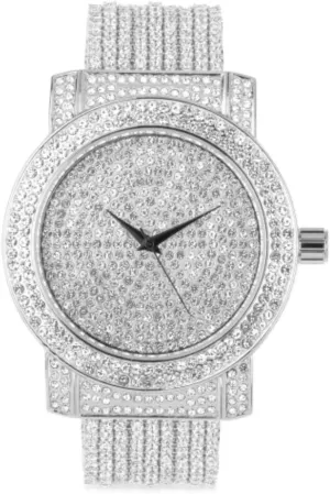 Crystal accented Watch and Band Silver Classic All deco deflect Round Full CZ and 