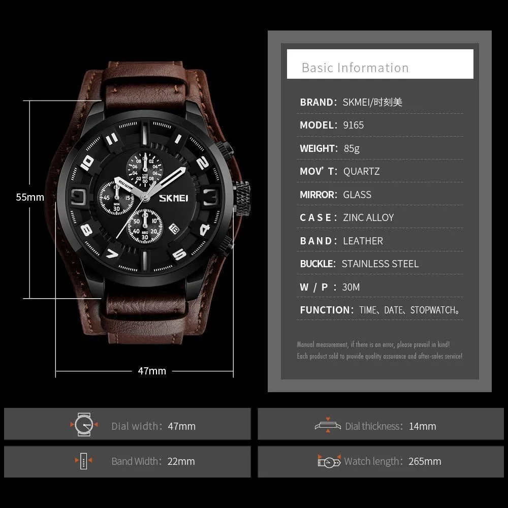 Cuff Sport Watch for nutritional constitute mobile Men Large Dial 47mm Analog Quartz Watches Waterproof Chronograph Watch MASTOP Mens Wide Leather 