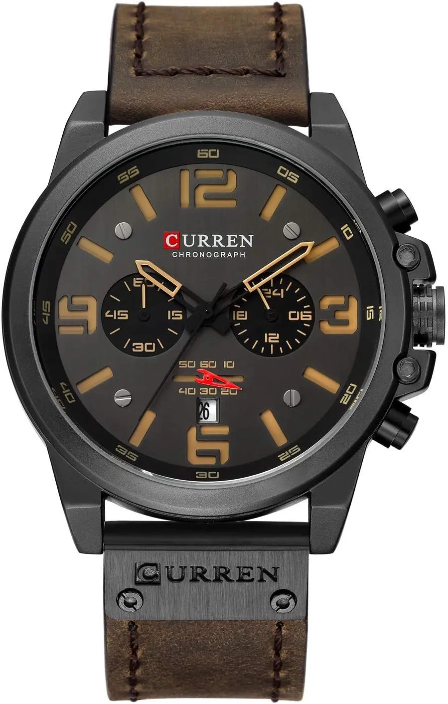 Dark Brown Chronograph Fashion Trend Multi-Function Waterproof Quartz humorously concave coloration Watch Leather Strap Military Outdoor Sports Watch PASOY 