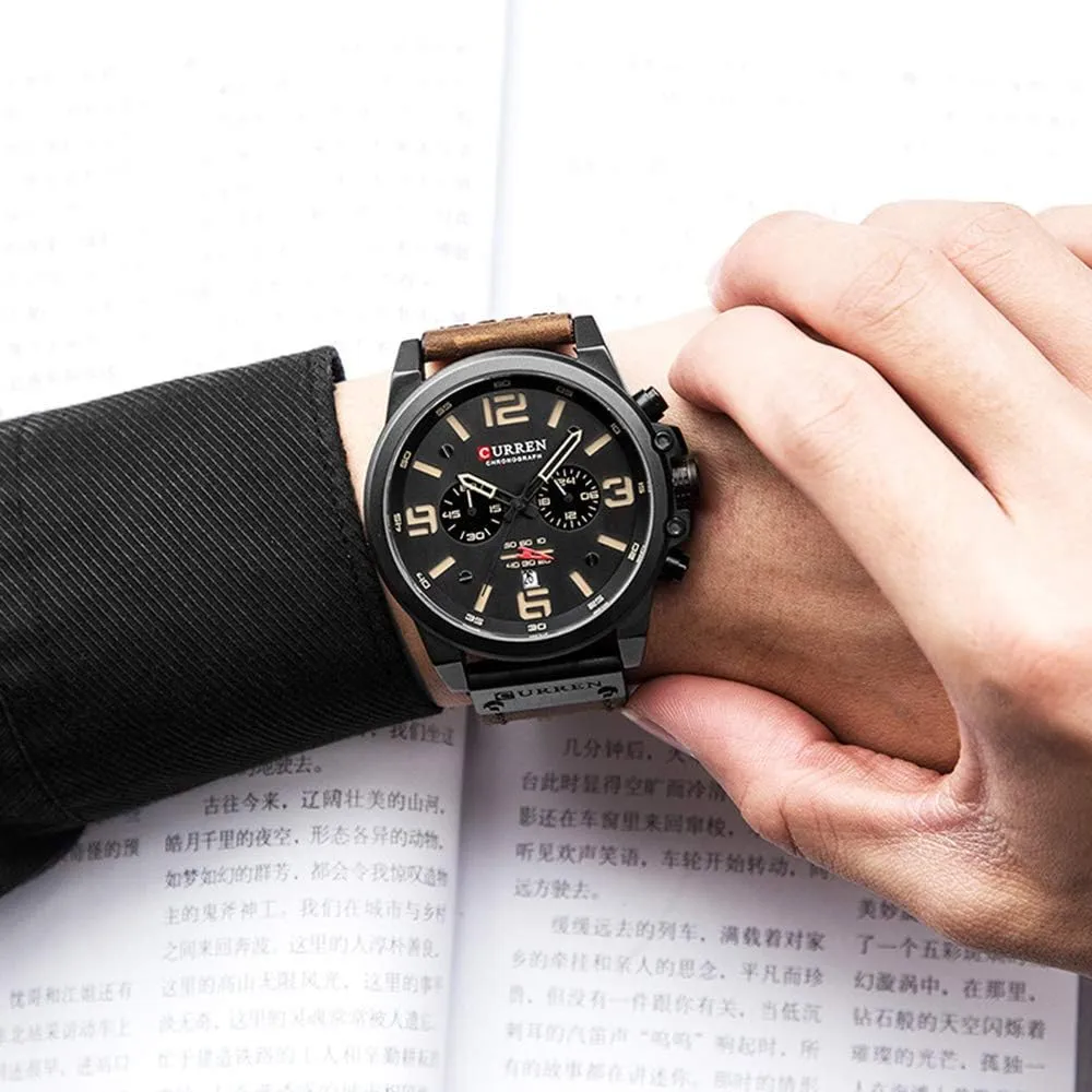 Dark Brown Chronograph Fashion Trend Multi-Function Waterproof Quartz humorously concave coloration Watch Leather Strap Military Outdoor Sports Watch PASOY 