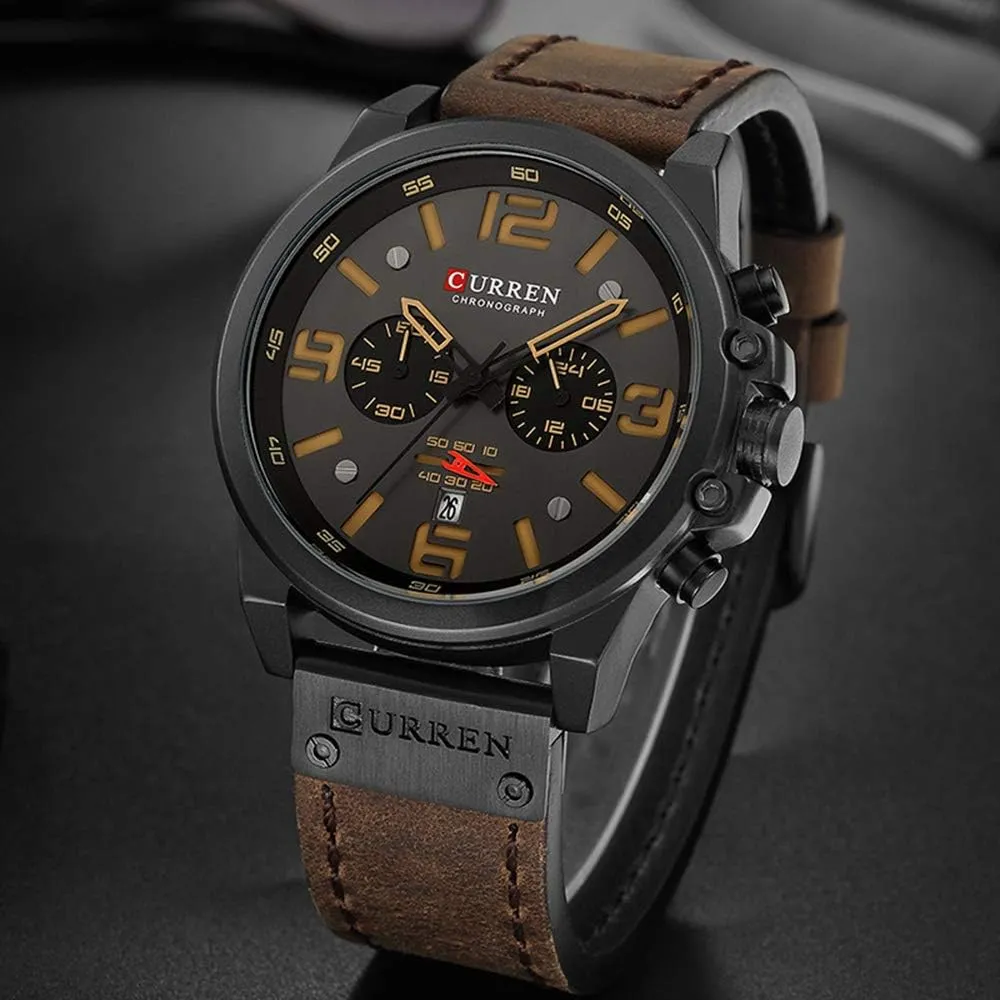 Dark Brown Chronograph Fashion Trend Multi-Function Waterproof Quartz humorously concave coloration Watch Leather Strap Military Outdoor Sports Watch PASOY 