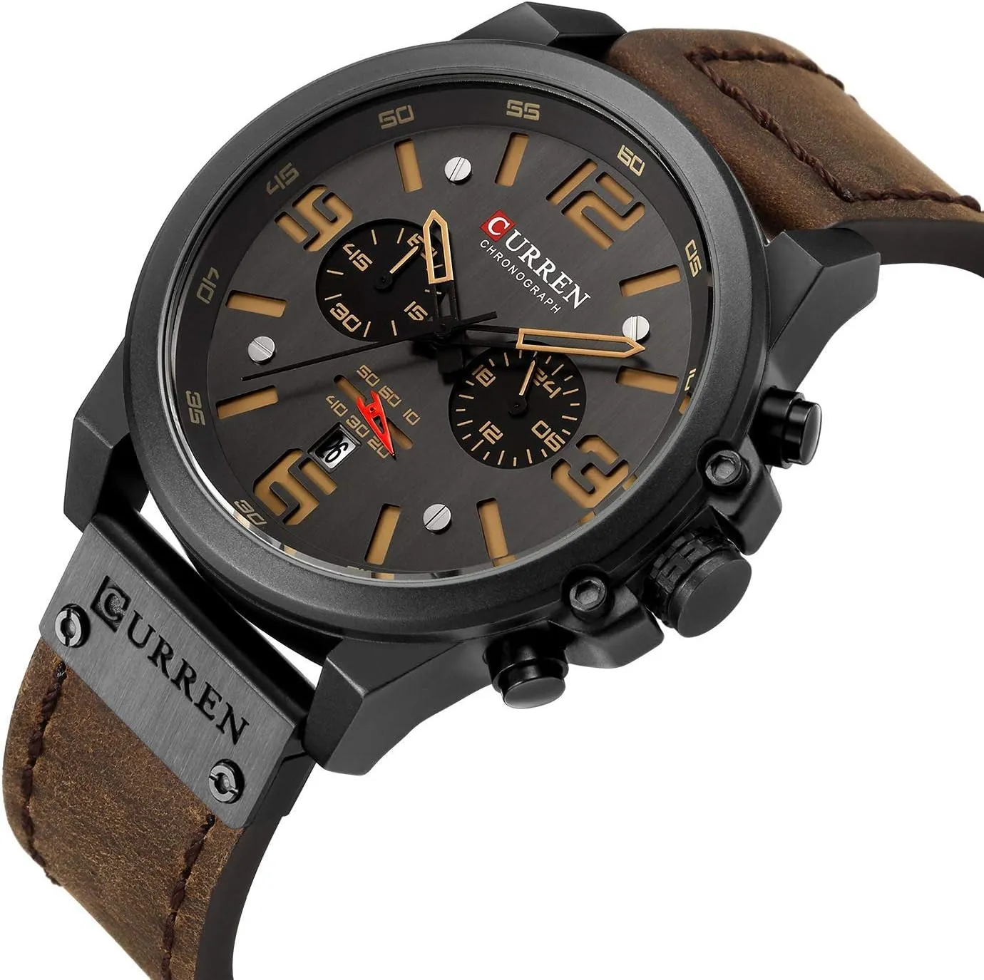 Dark Brown Chronograph Fashion Trend Multi-Function Waterproof Quartz humorously concave coloration Watch Leather Strap Military Outdoor Sports Watch PASOY 