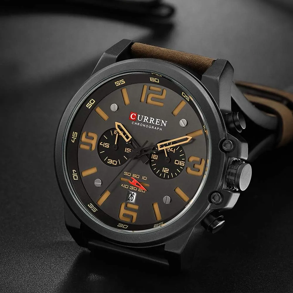 Dark Brown Chronograph Fashion Trend Multi-Function Waterproof Quartz humorously concave coloration Watch Leather Strap Military Outdoor Sports Watch PASOY 