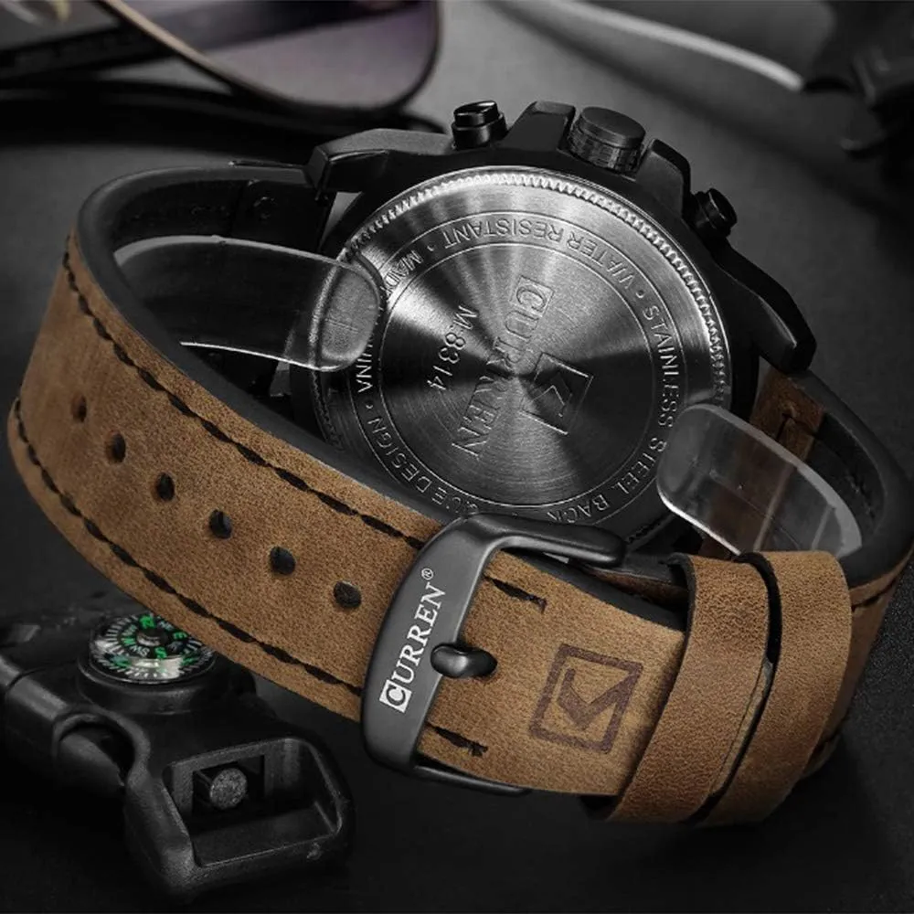 Dark Brown Chronograph Fashion Trend Multi-Function Waterproof Quartz humorously concave coloration Watch Leather Strap Military Outdoor Sports Watch PASOY 