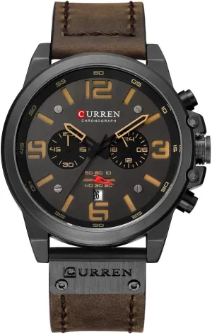 Dark Brown Chronograph Fashion Trend Multi-Function Waterproof Quartz humorously concave coloration Watch Leather Strap Military Outdoor Sports Watch PASOY 