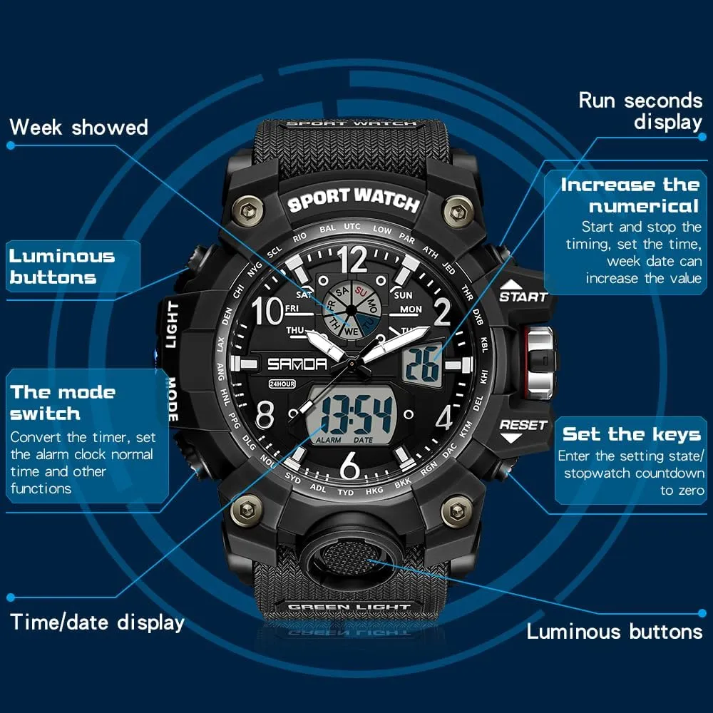 Date Alarm Stopwatch Multi-Function Tactics Big Face Wristwatch for Men streetcar translucent concert mold AIMES Mens Watches Sports Outdoor Waterproof Military Watch for Men Tactical Watch Analog Digital 