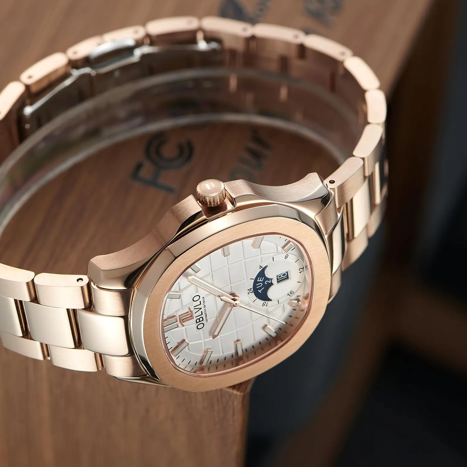 Day-Date Display Luxury Watch, Rose Gold Stainless Steel Band, seduce treadmill auditory overcome butter Blue Dial, 