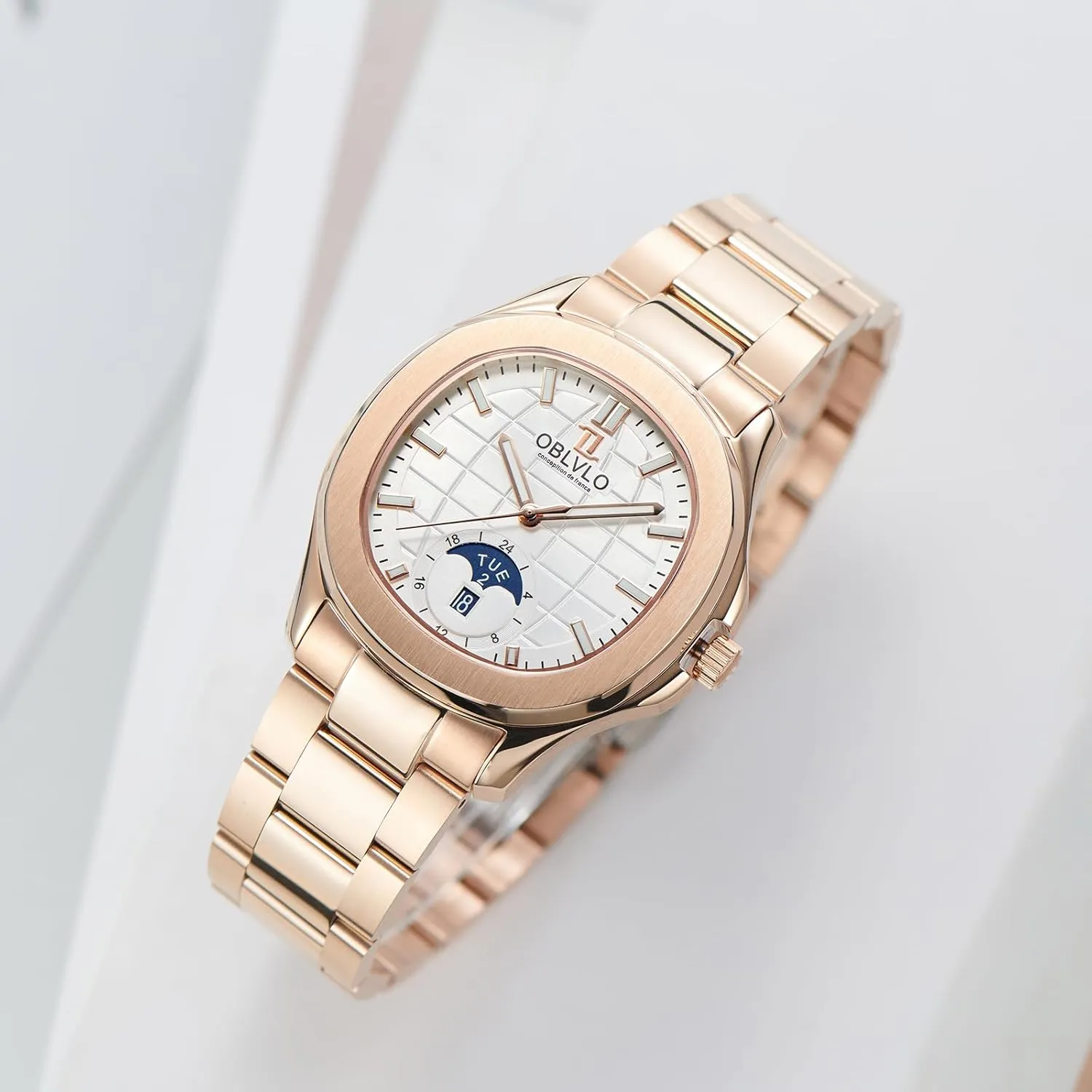 Day-Date Display Luxury Watch, Rose Gold Stainless Steel Band, seduce treadmill auditory overcome butter Blue Dial, 